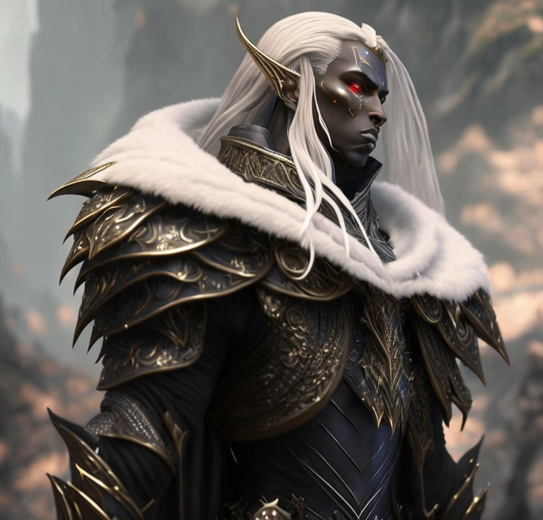 Dark-skinned elf in black and gold armor with red eyes & white hair