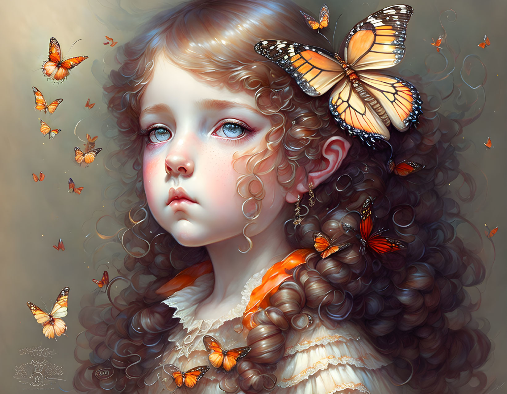 Young girl with curly hair and butterflies in surreal digital painting