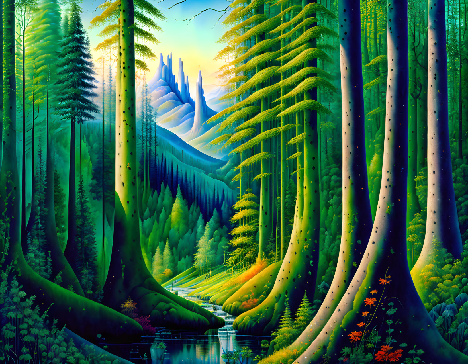 Enchanting forest digital artwork with towering trees and gentle river