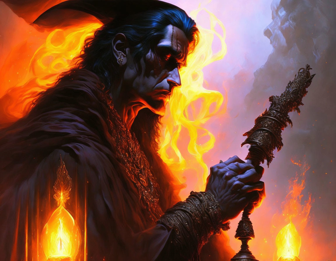 Dark-haired male fantasy figure with pointed ears and staff engulfed in ethereal flames