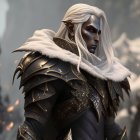 Dark-skinned elf in black and gold armor with red eyes & white hair