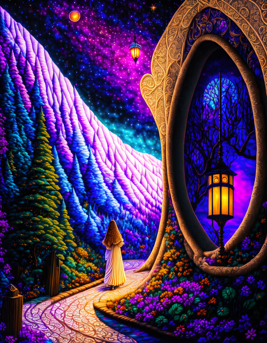 Robed Figure Approaching Arched Gateway in Magical Mountain Scene