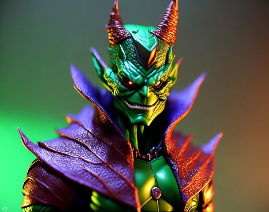 Detailed demonic action figure with red horns and green skin in leaf-like armor