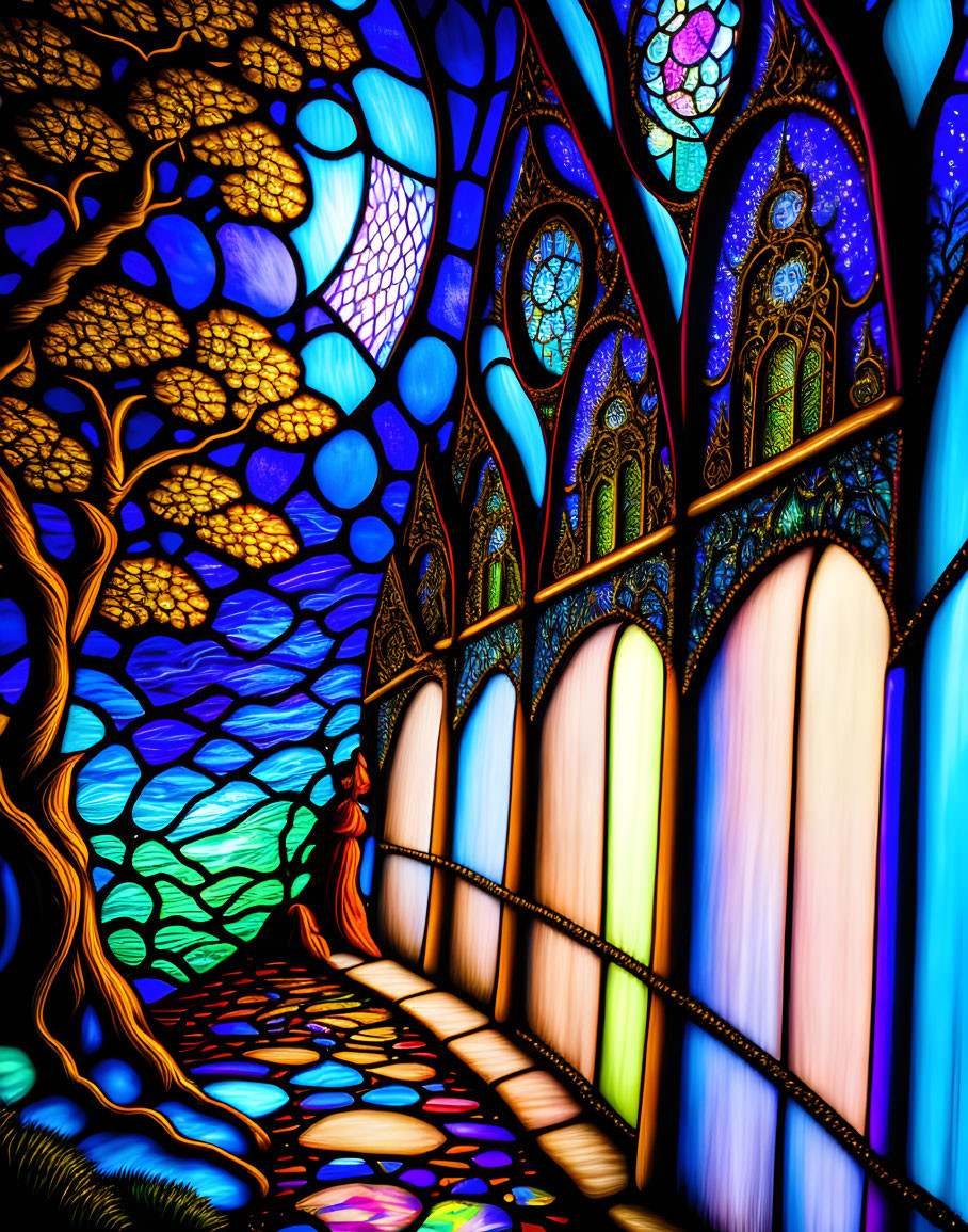 Colorful Stained Glass Window Featuring Whimsical Trees and Gothic Arches