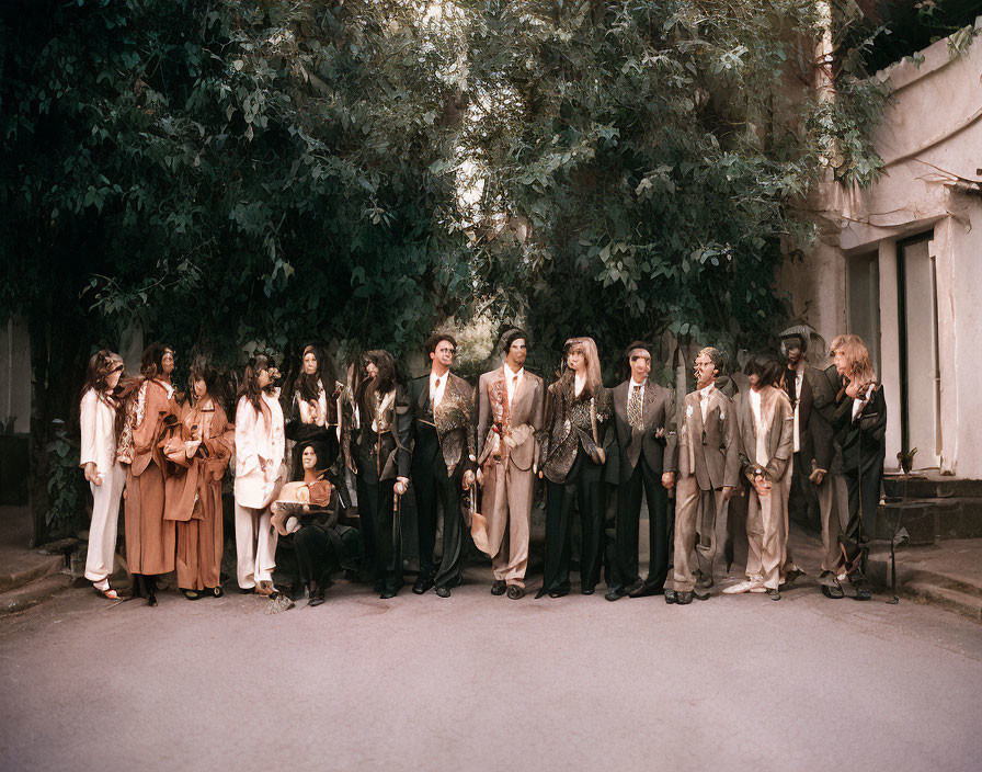 Stylish group in 70s fashion pose on road with lush backdrop