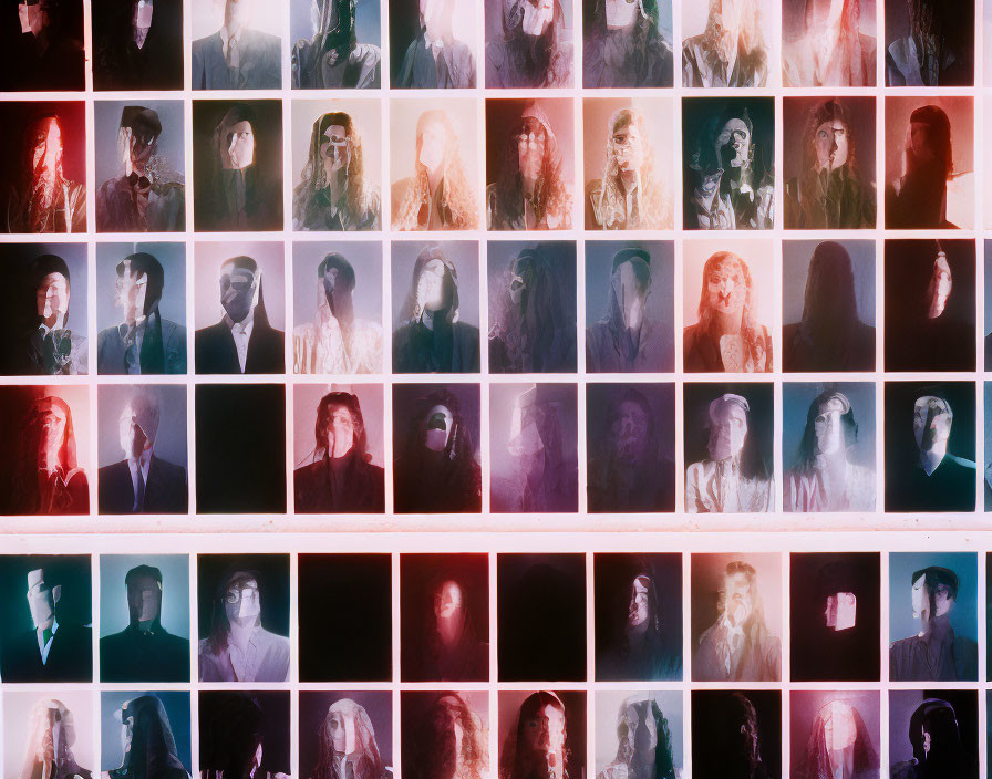 Grid of Portraits with Varied Lighting and Color Filters Displaying Diverse Expressions and Headwear