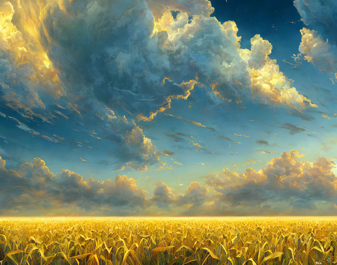 Golden crops in vast field under dramatic sky