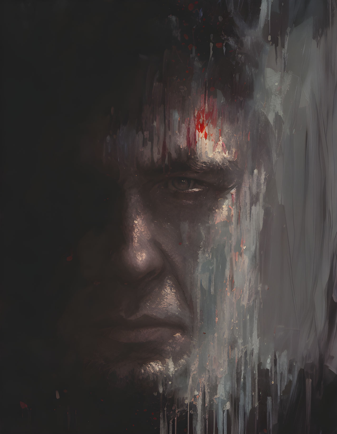 Somber man's face digital painting with melting visual effects in dark tones