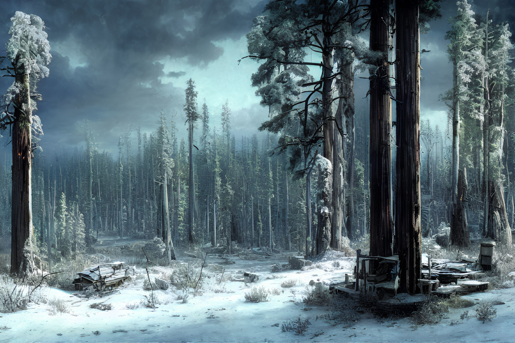 Snowy forest landscape with tall pine trees and wooden structures under blue sky