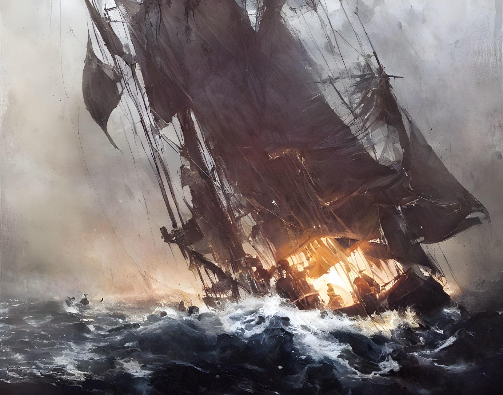 Burning sailing ship in tumultuous seas with crashing waves