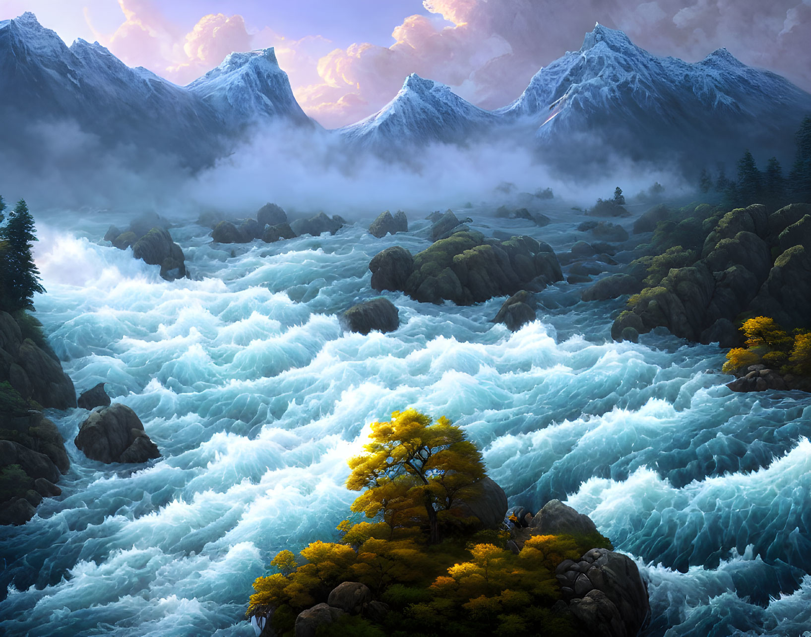 Vibrant landscape with golden tree on rocky outcrop, turquoise waters, misty mountains