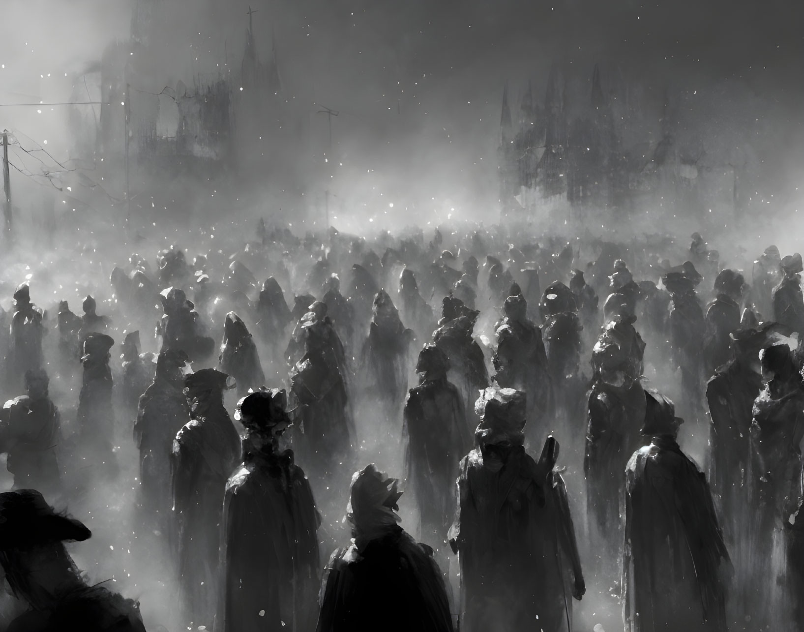 Monochrome image of dense crowd in mist, creating somber mood