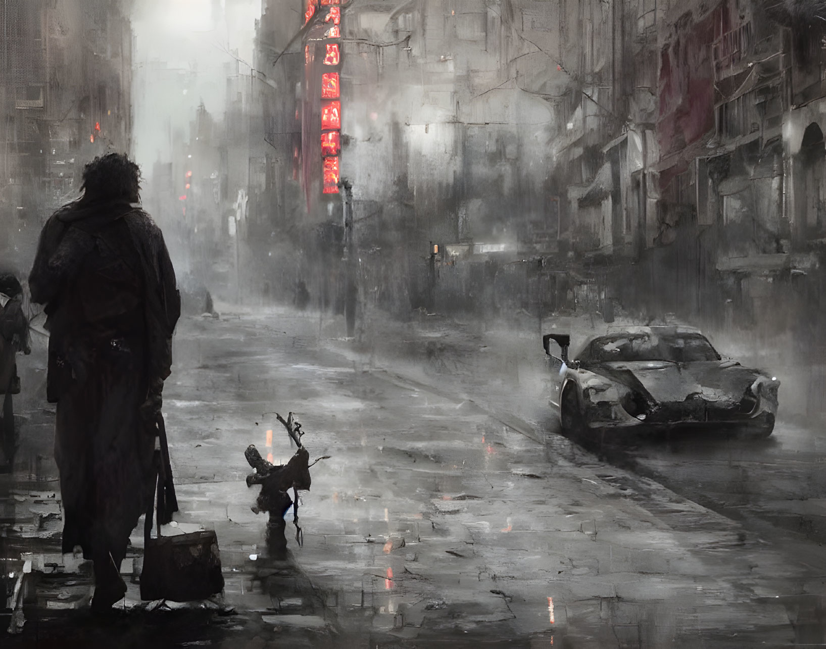 Dystopian streetscape with figure, robot, and damaged sports car in rain