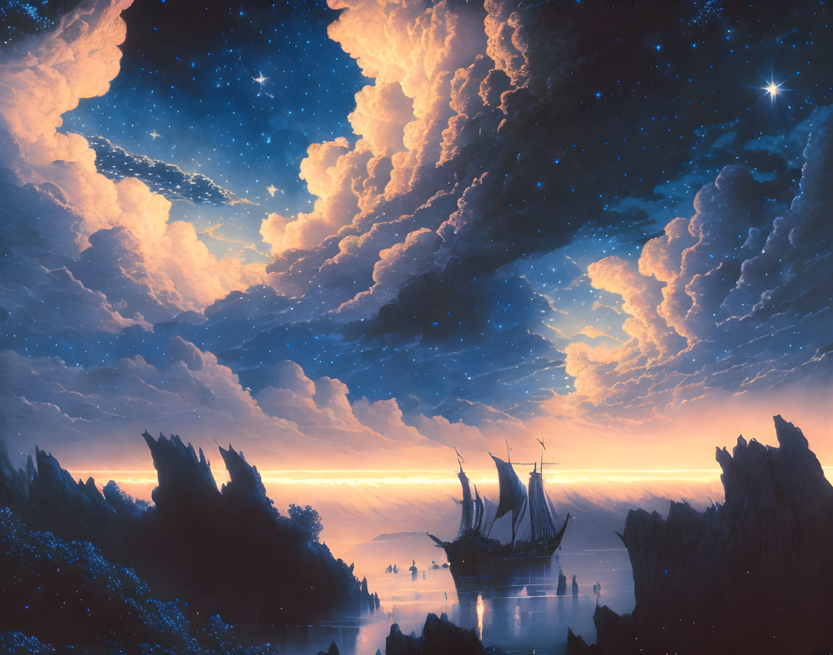 Digital painting of ship sailing at dusk on calm sea with starry sky.