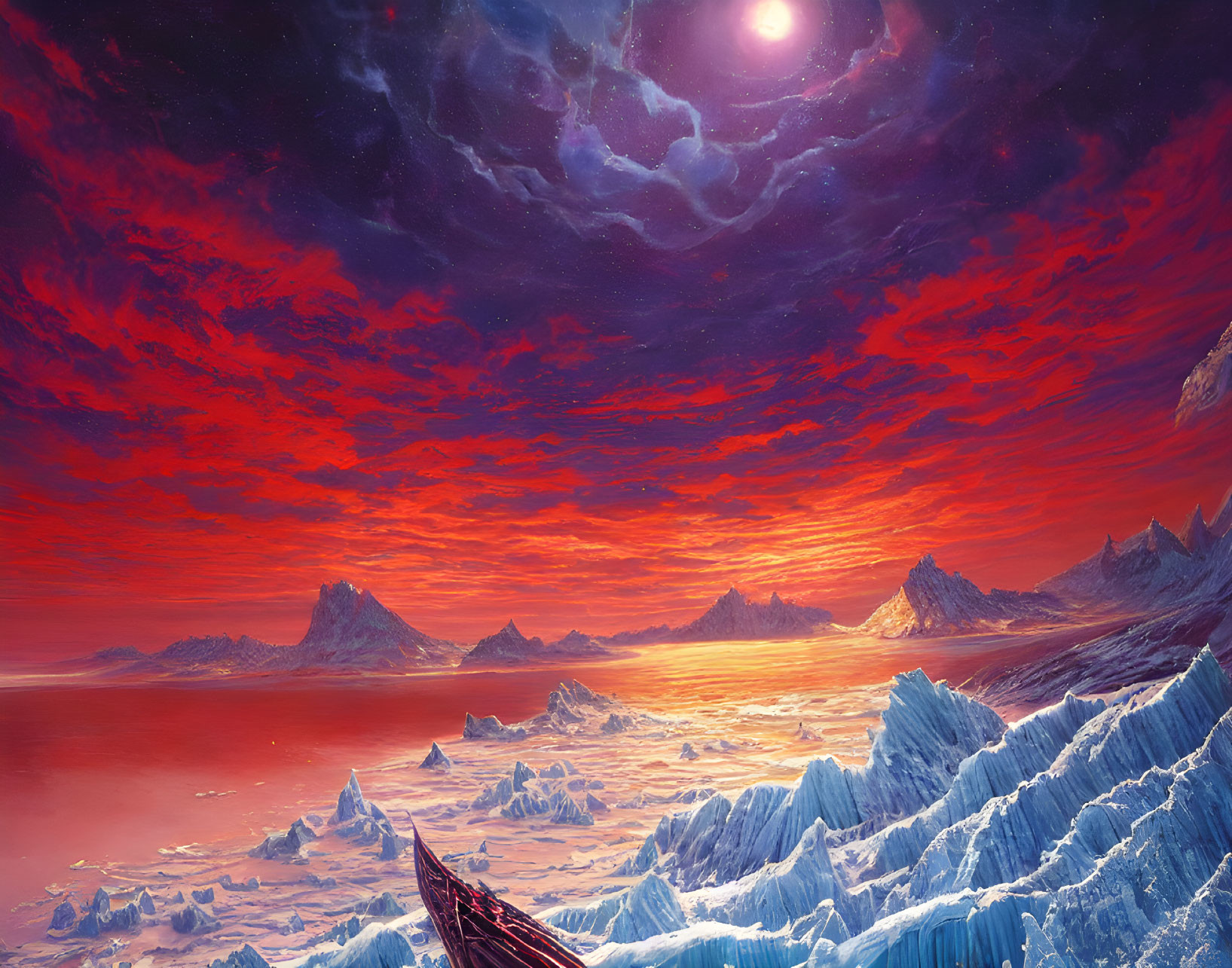 Alien landscape with crimson skies, purple moon, icy mountains, and dark boat