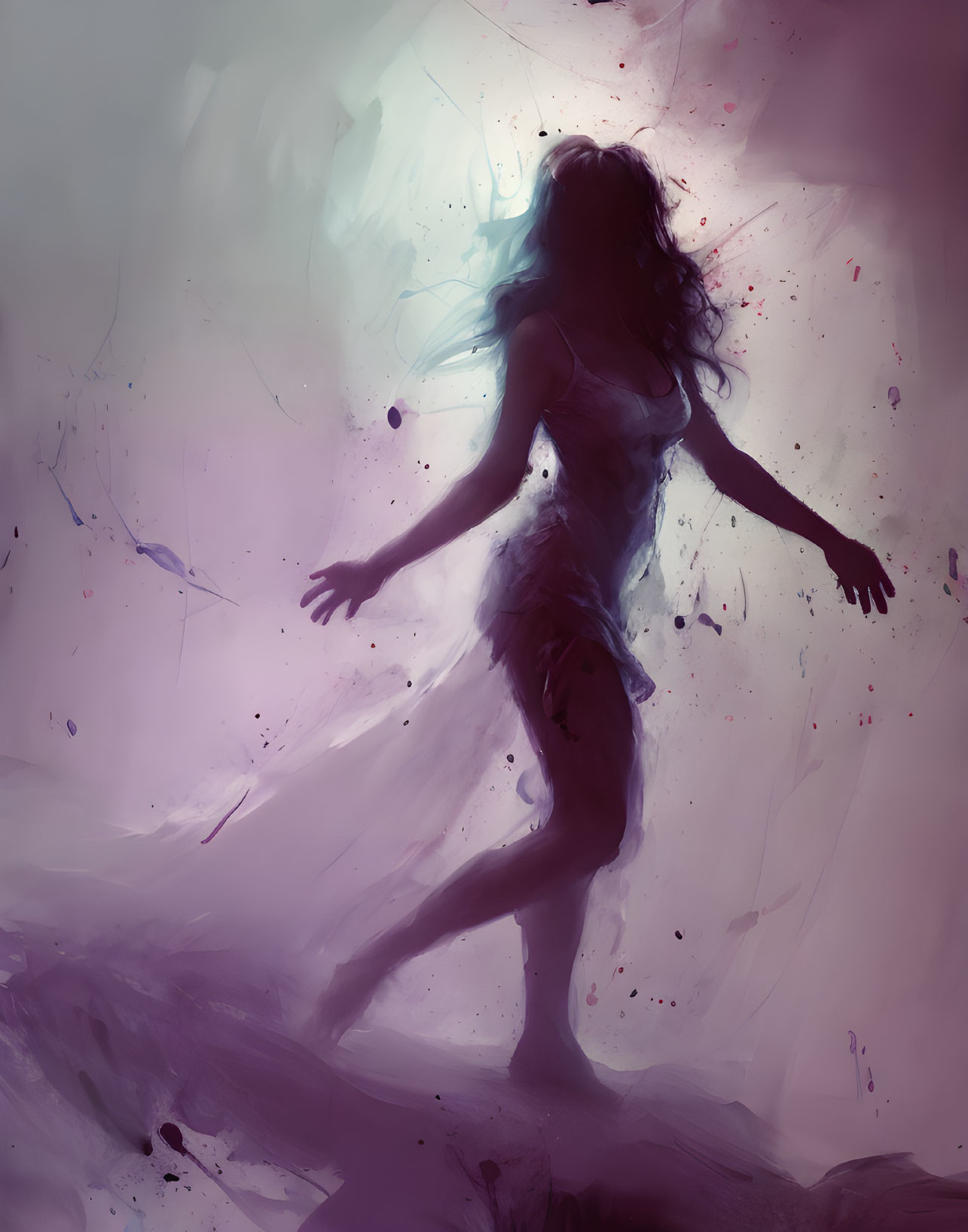 Silhouette of woman in mystical setting with purple and pink hues