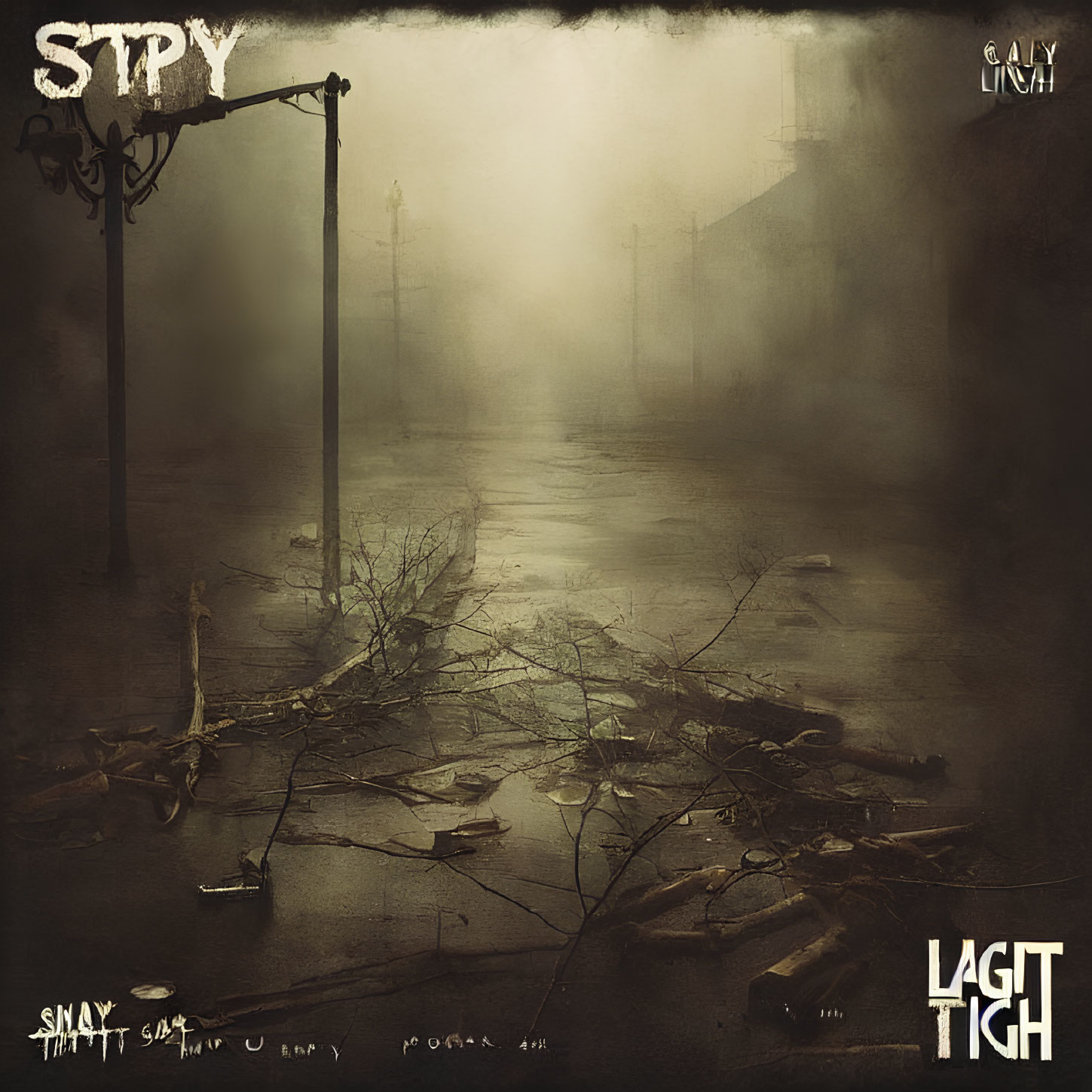 Foggy Street Scene with Street Lamp and Debris