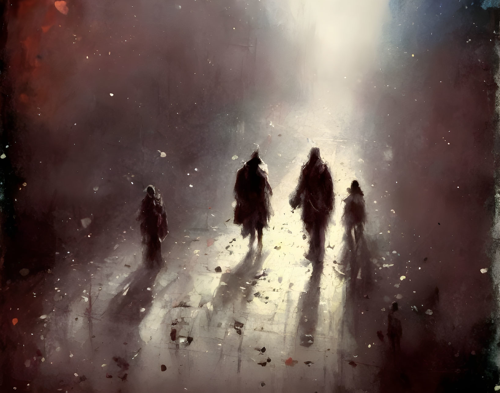 Silhouetted Figures Walking on Misty Path with Dramatic Lighting