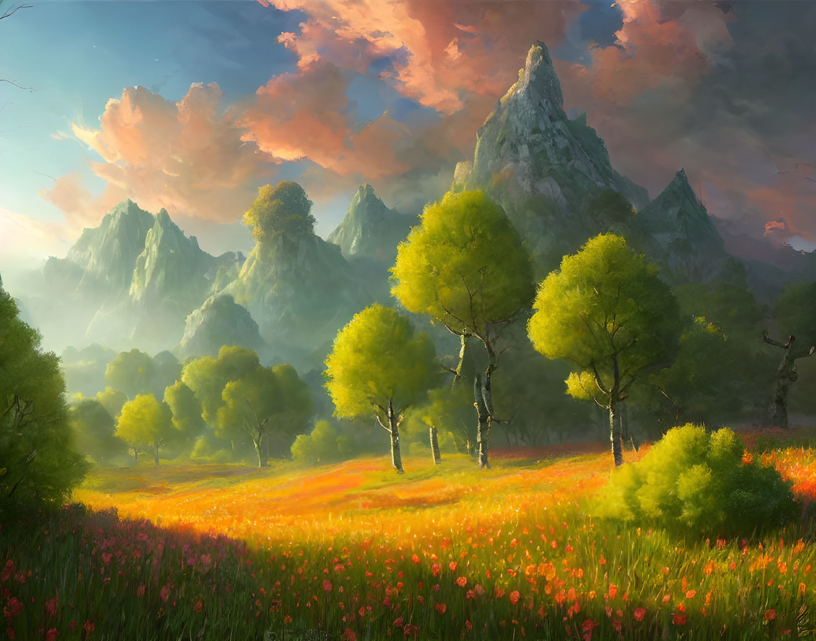 Colorful landscape with mountains, flower field, trees, and sunset sky