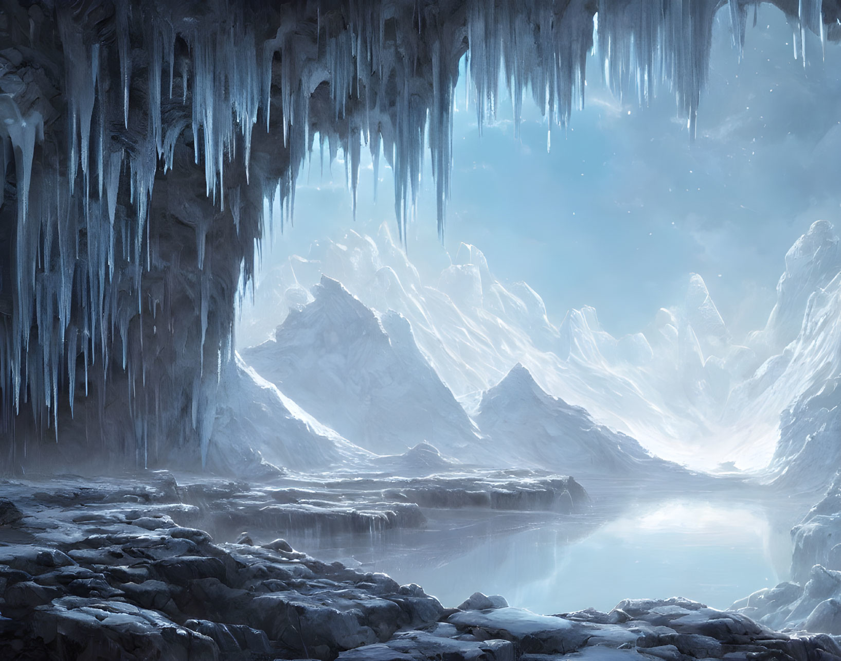 Serene ice cave with towering icicles and distant mountain under soft light.