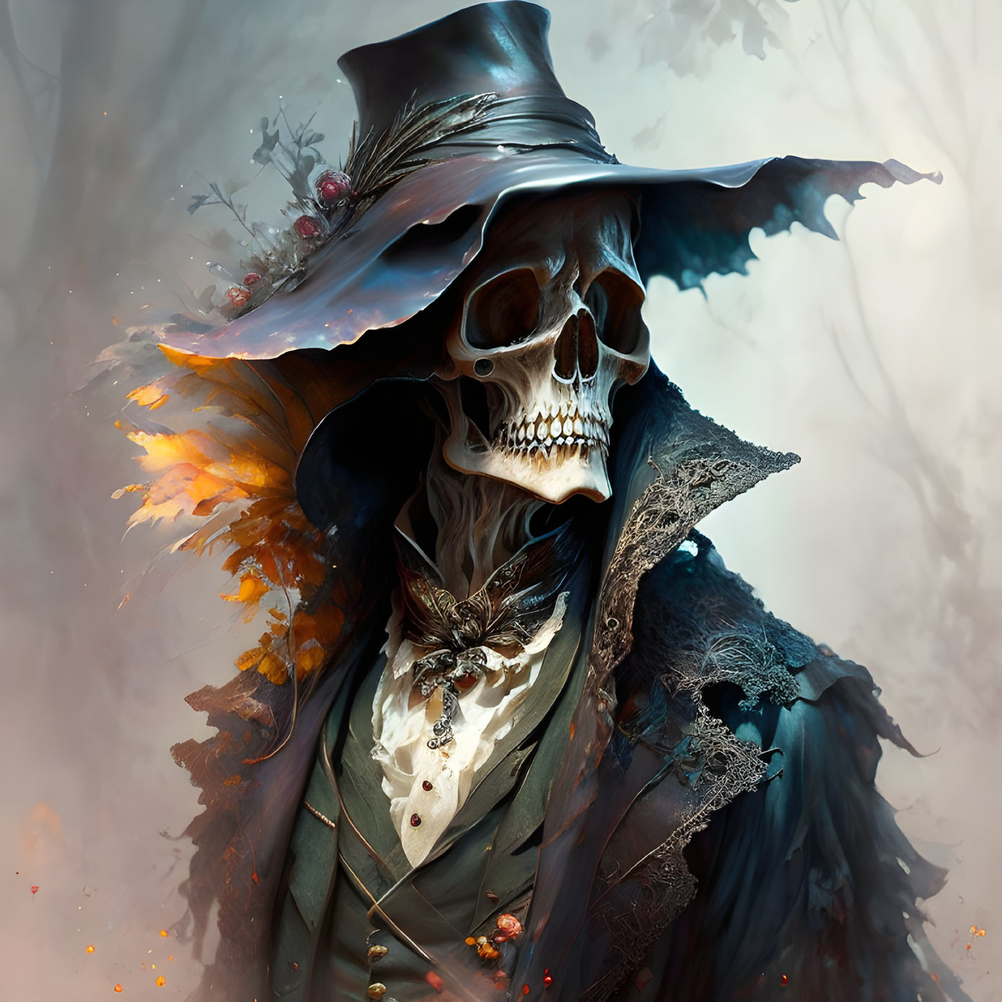 Skeletal figure in elegant attire with feathered hat on smoky backdrop