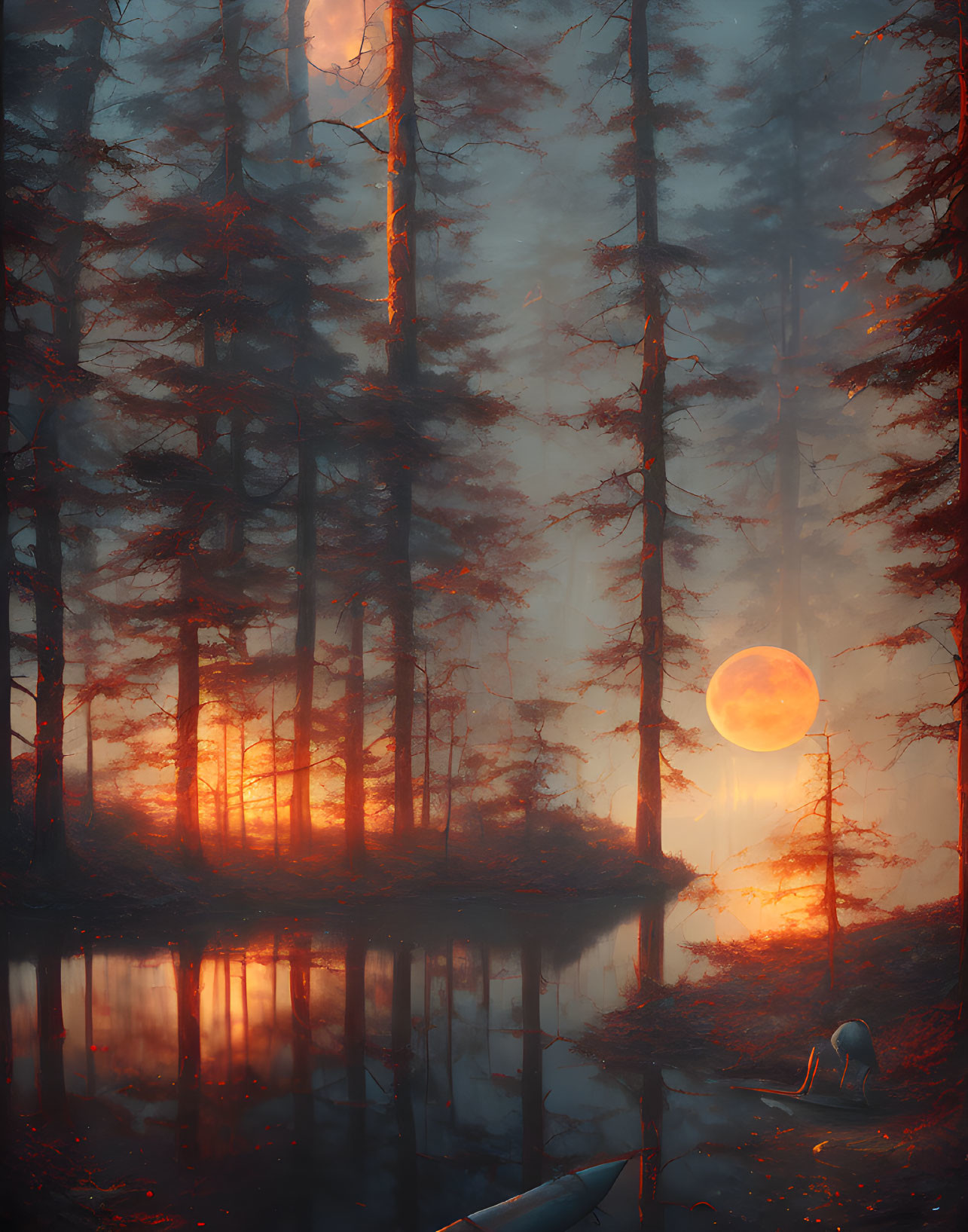 Tranquil forest dusk scene with red sun, lake reflection, and mist