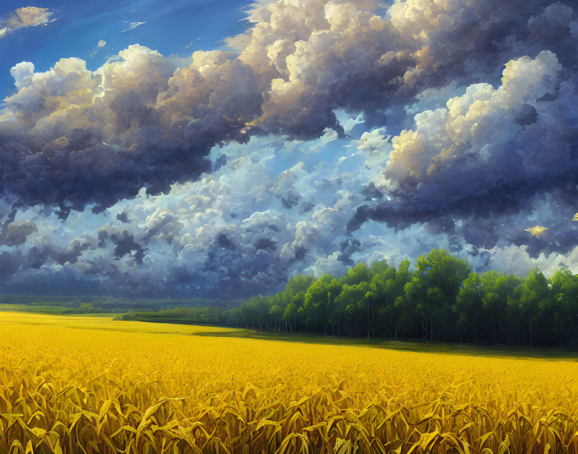 Golden Wheat Field Under Dramatic Sky with Dark Clouds and Green Trees