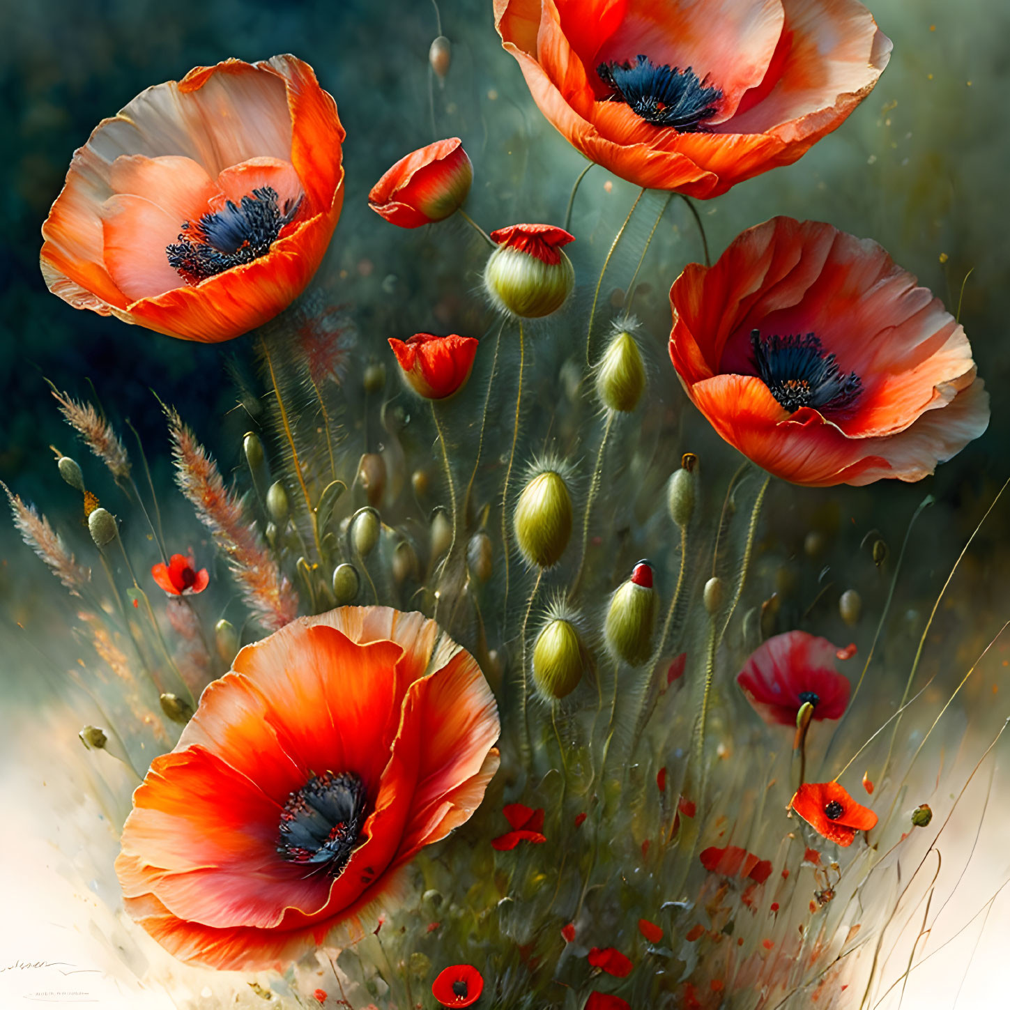 Bright red poppies with black centers in different bloom stages on blurred natural backdrop