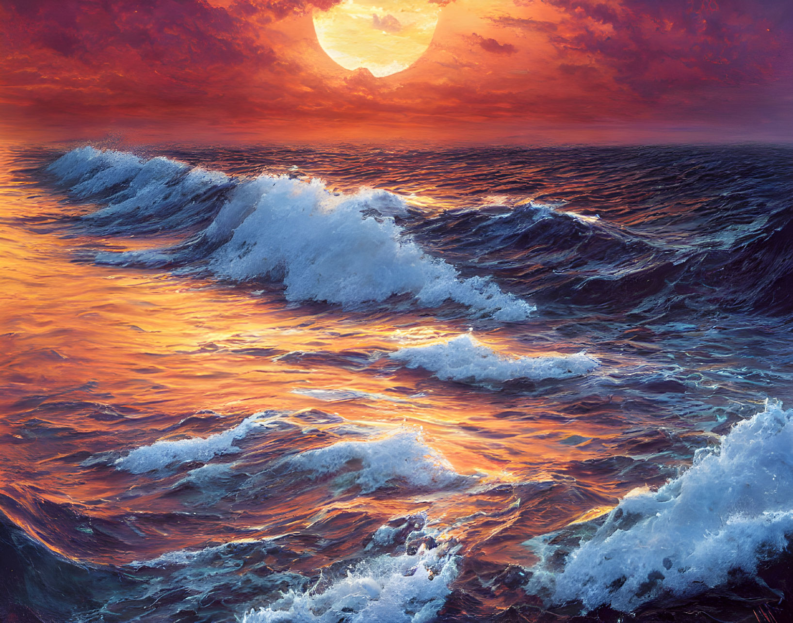 Vivid Sunset Over Ocean Waves and Cloudy Sky