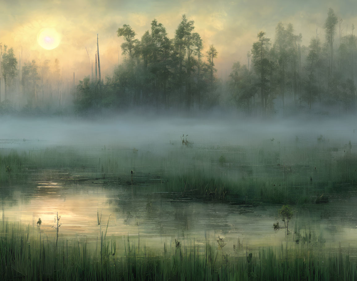 Tranquil Sunrise Wetland Scene with Mist and Silhouetted Trees