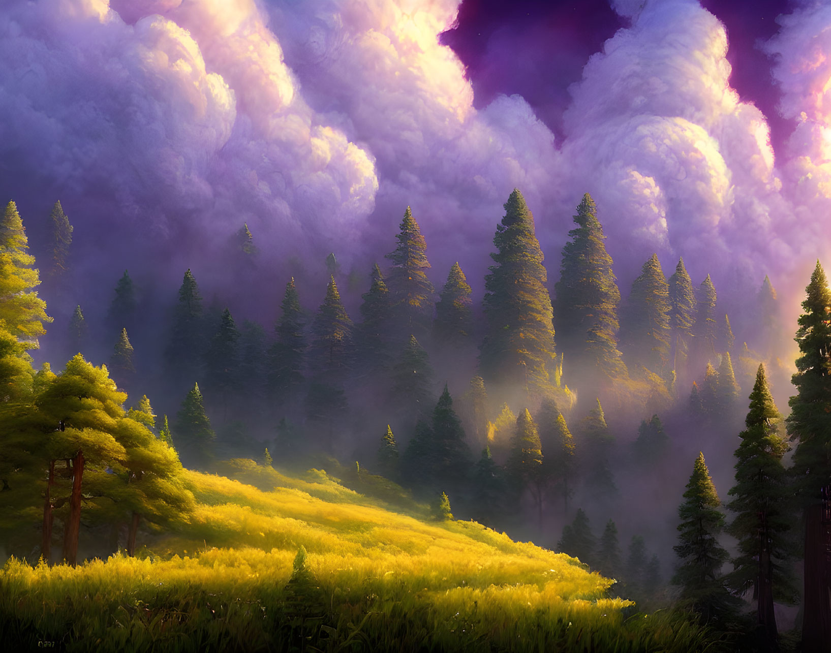 Majestic landscape with golden meadow, green pines, mist, and purple sky