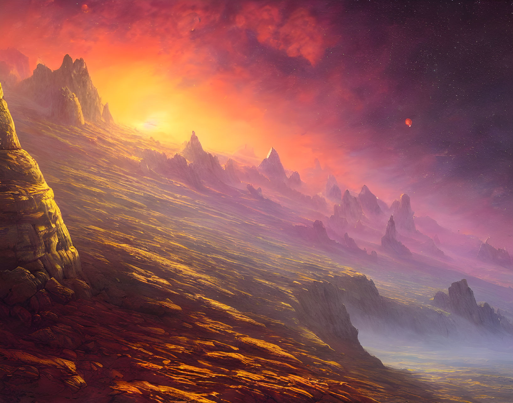 Digital art landscape of rugged terrain at sunset