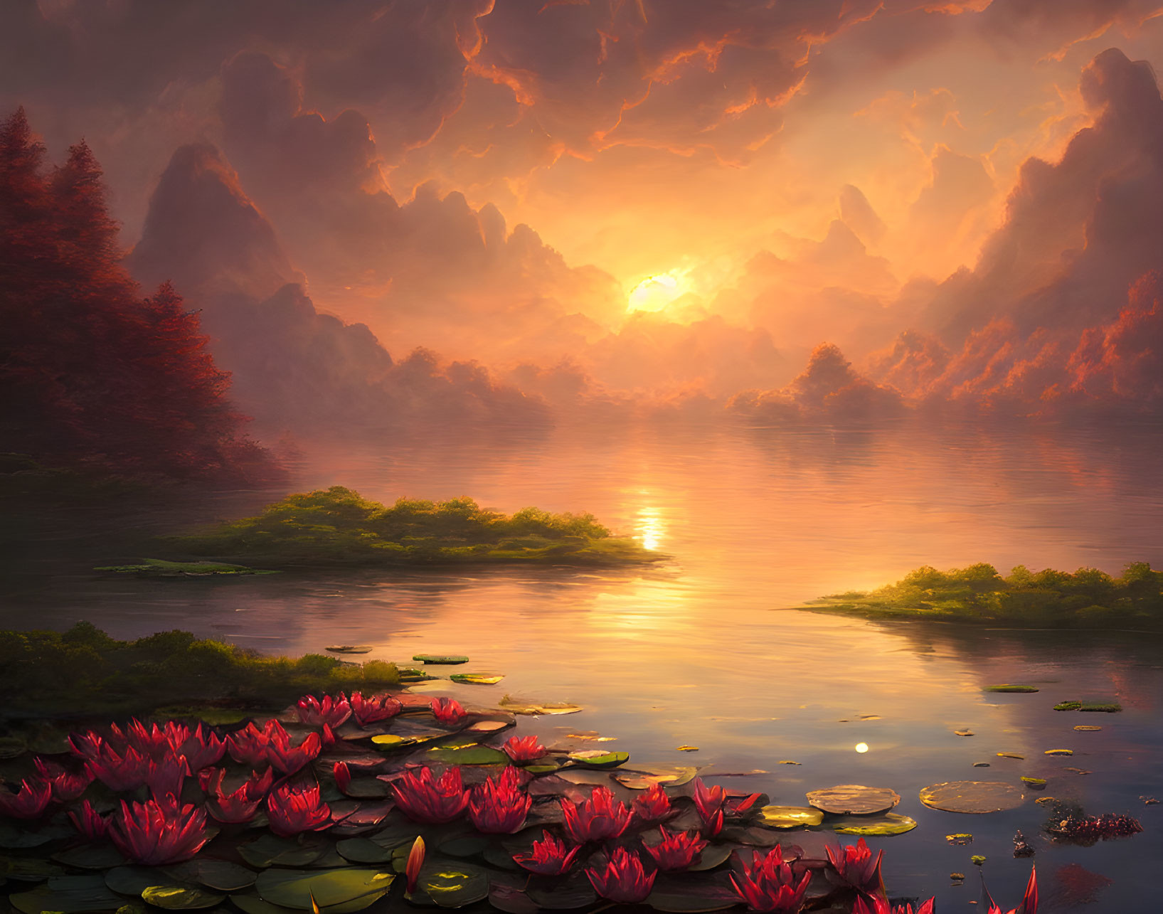 Tranquil lake with pink water lilies under dramatic sunset