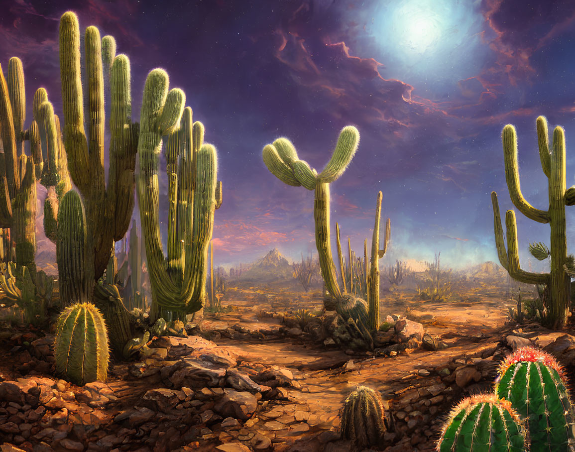 Twilight desert landscape with towering cacti under starry sky