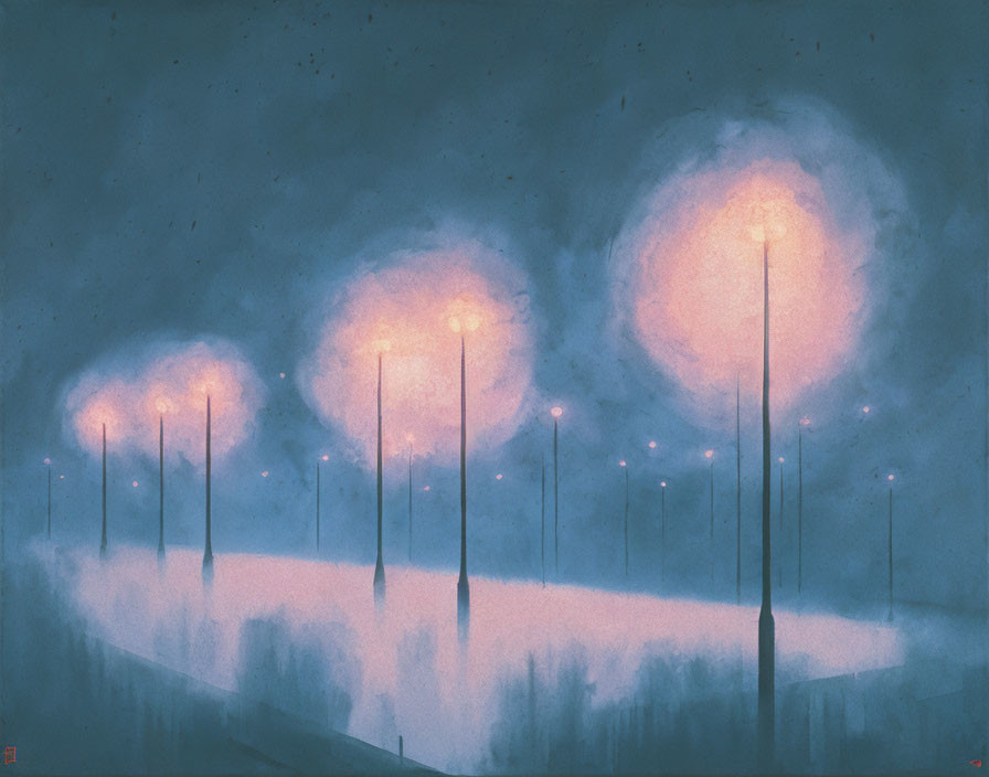 Cityscape with street lights on wet ground under misty sky in blue to pink gradient