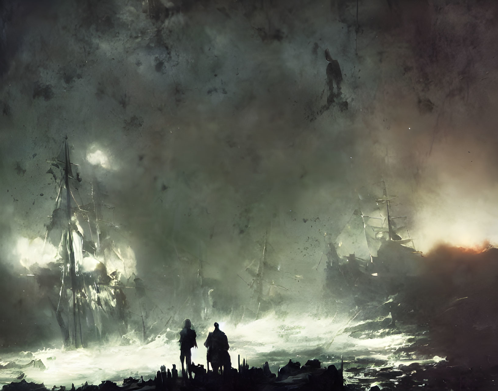 Misty scene with figures and wrecked ships in dramatic atmosphere