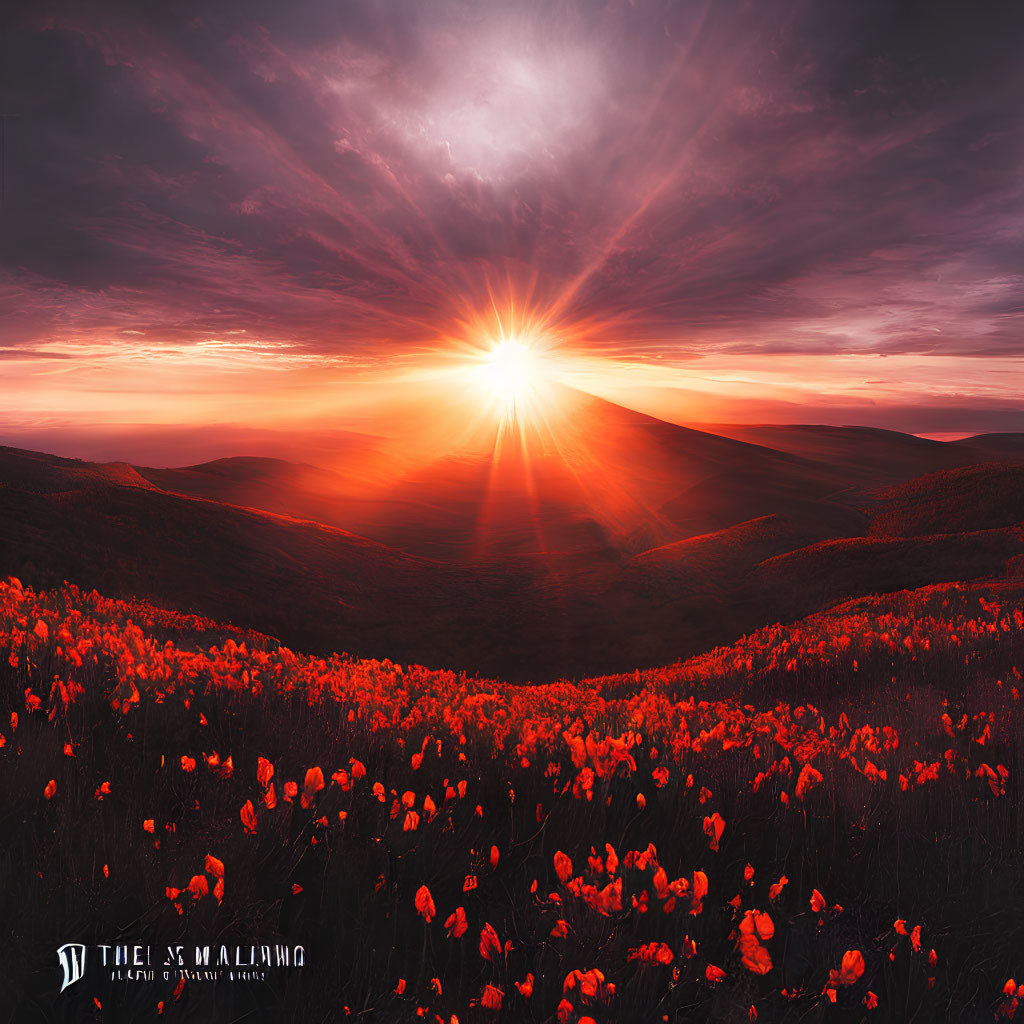 Colorful sunset over rolling poppy field.