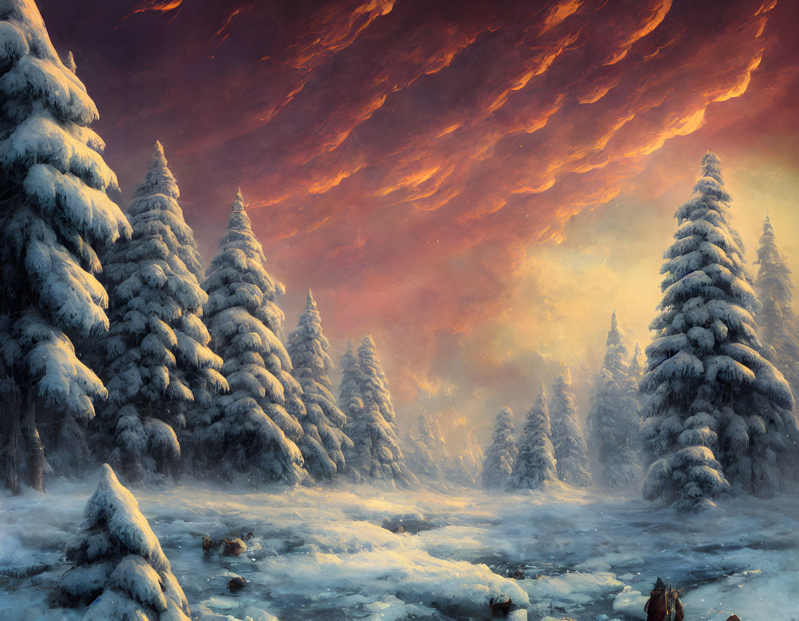 Snow-covered pine trees under fiery orange sky with misty, frosty ground