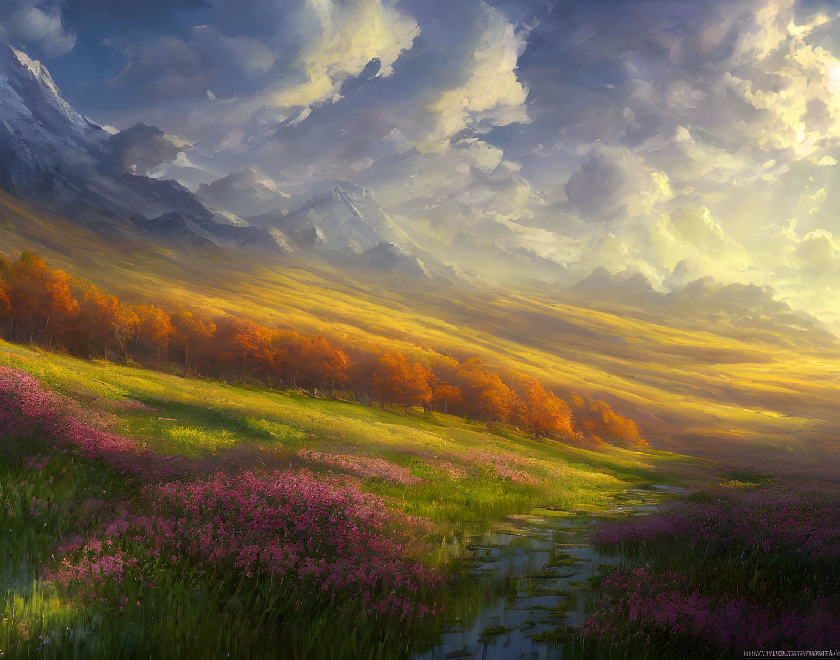 Colorful Meadow with Pink Flowers, Golden Trees, and Majestic Mountains