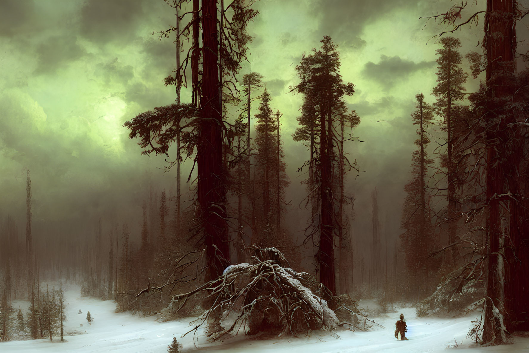 Solitary figure in snow-covered forest under green-tinged sky