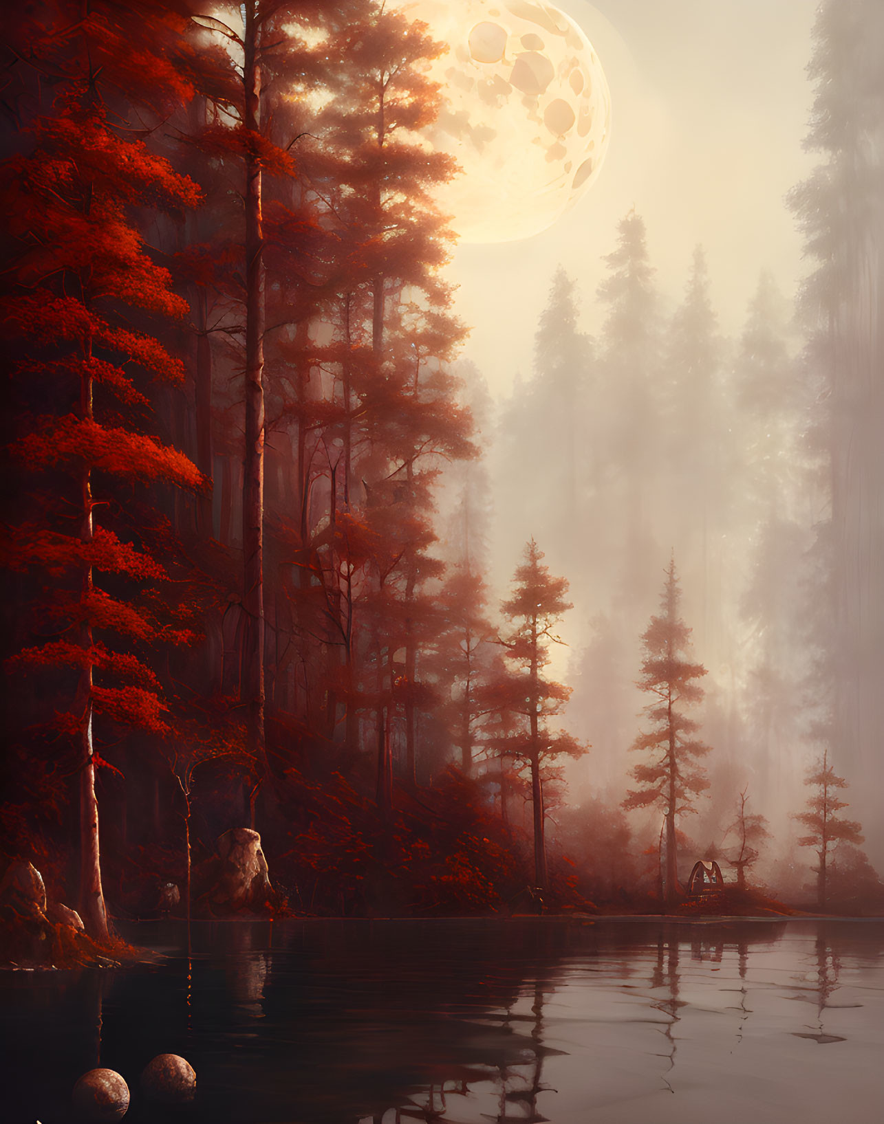 Mystical red-leafed forest by still lake under hazy moon