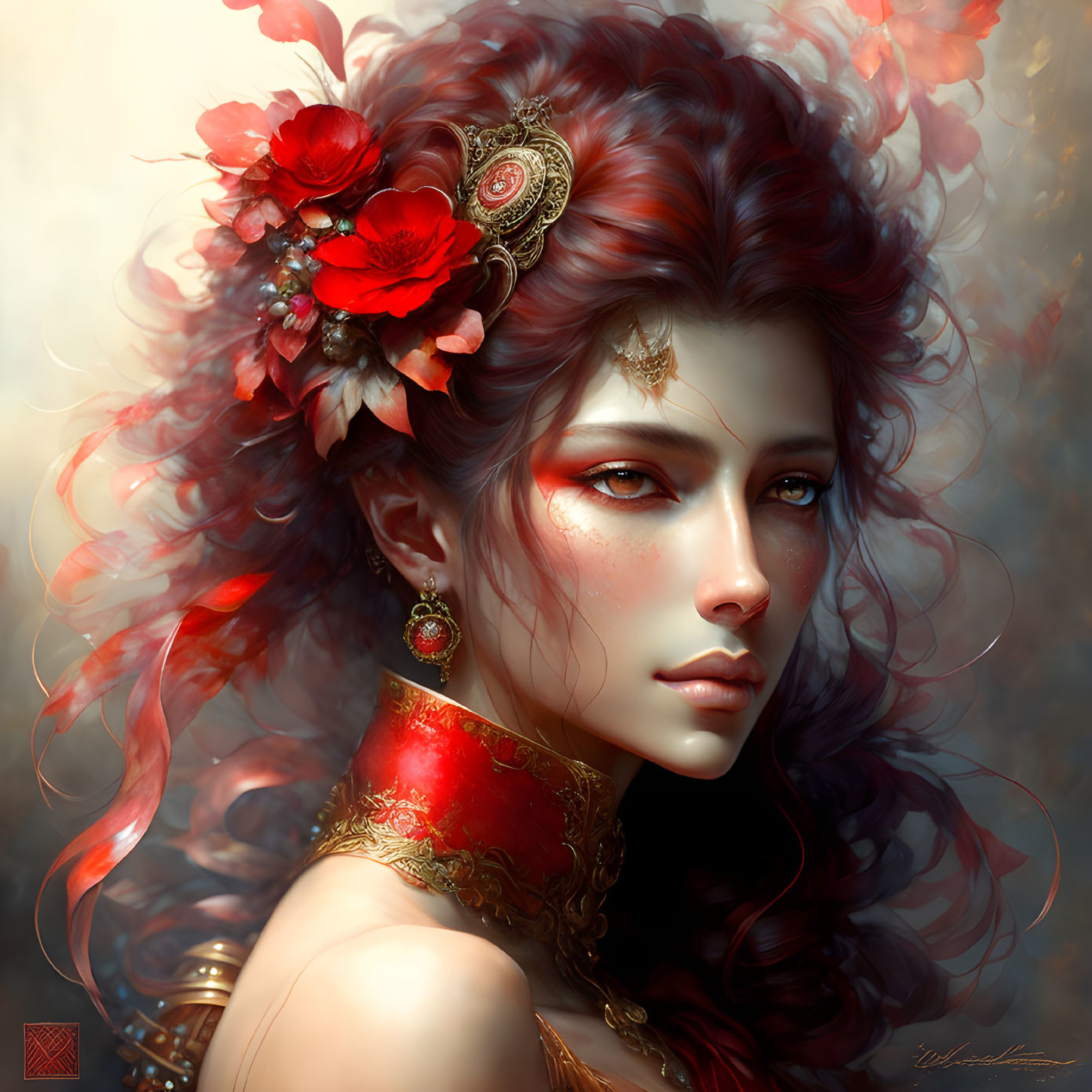 Portrait of a woman with red flowers, ornate jewelry, and intense gaze