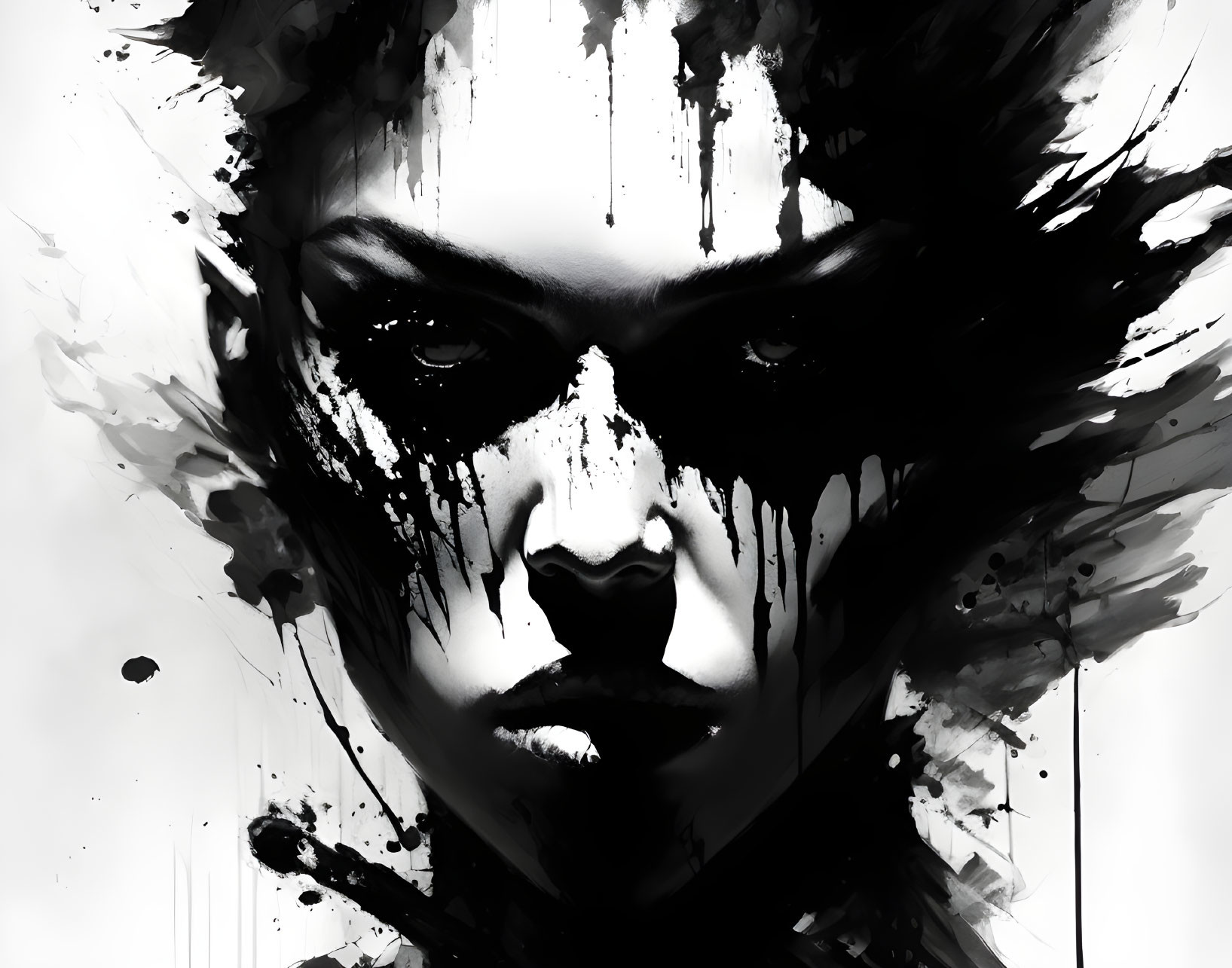 Intense monochrome abstract gaze with ink splatter effects