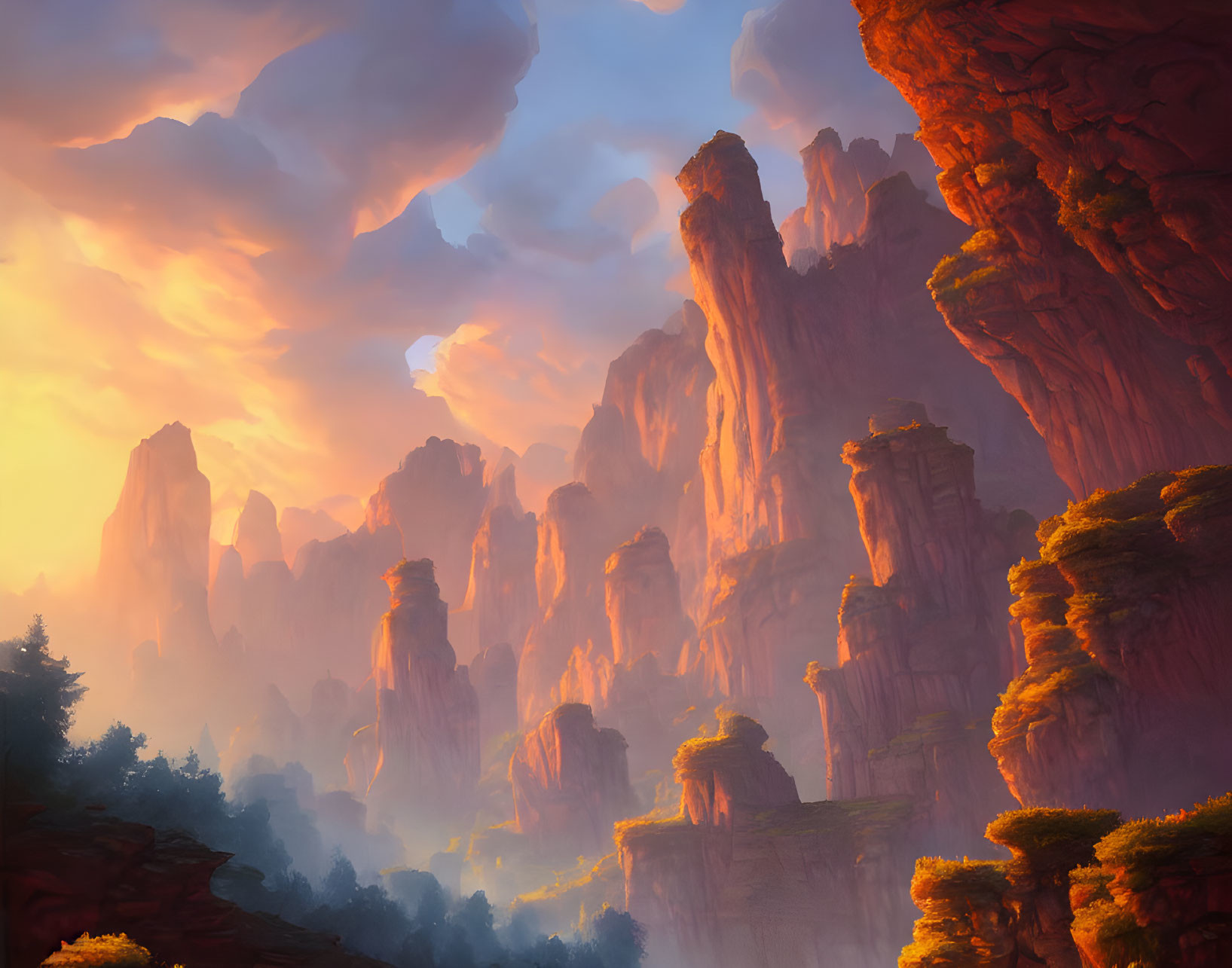 Majestic mountain landscape with towering rock formations and lush trees under golden sky