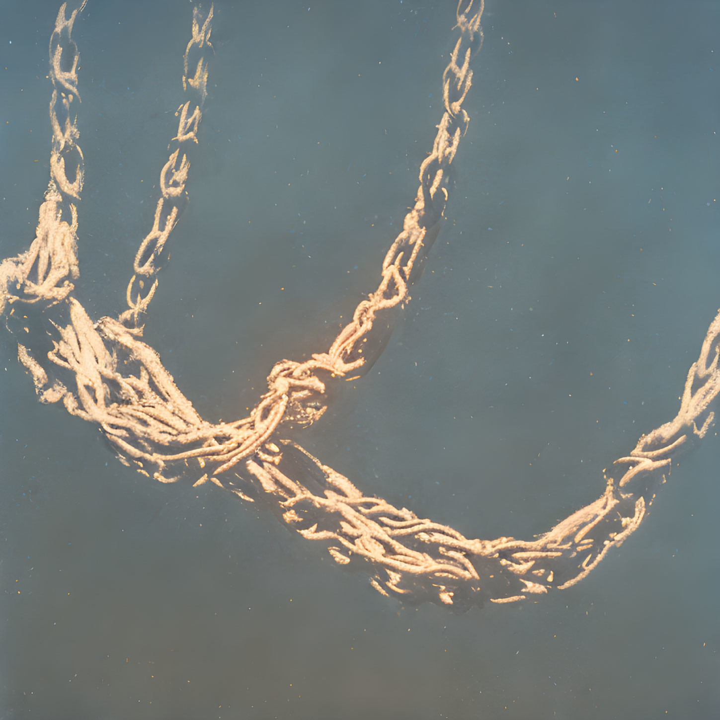 Golden chains partially submerged, glistening in water