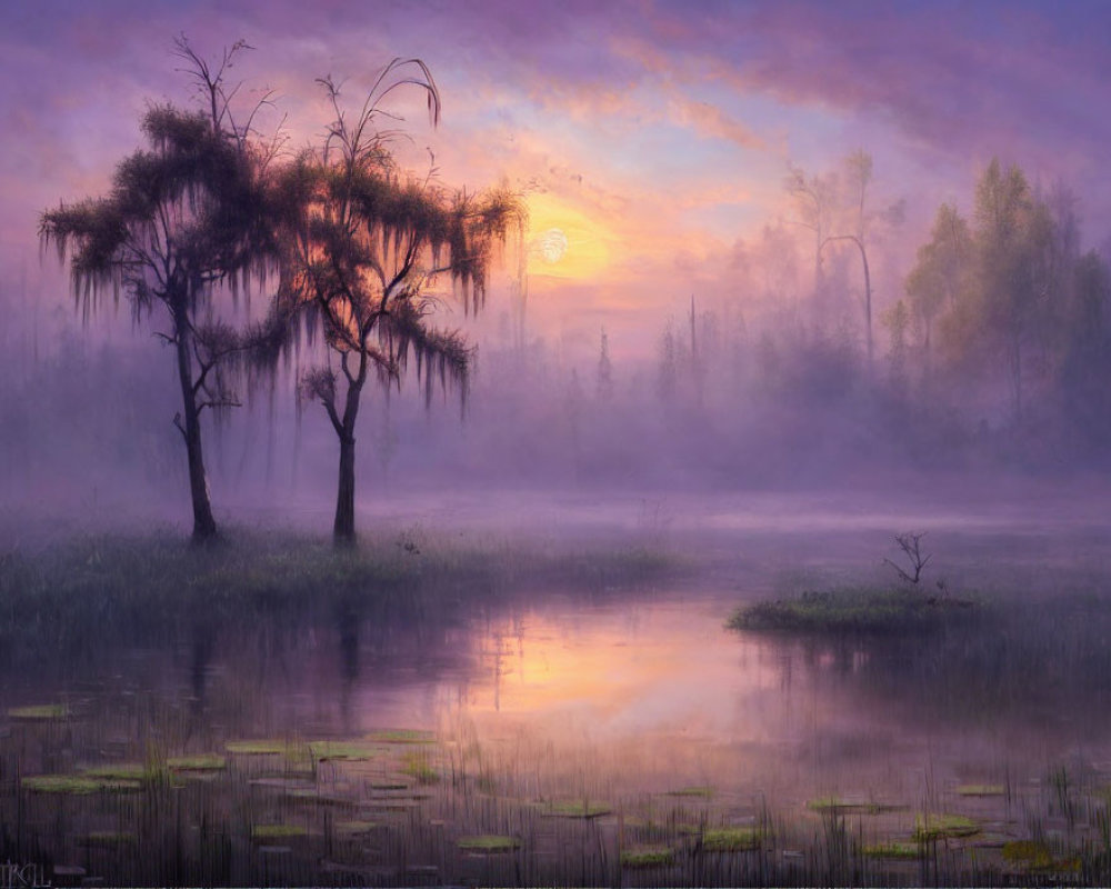 Sunrise Swamp Scene: Misty Water, Silhouetted Tree, Water Lilies