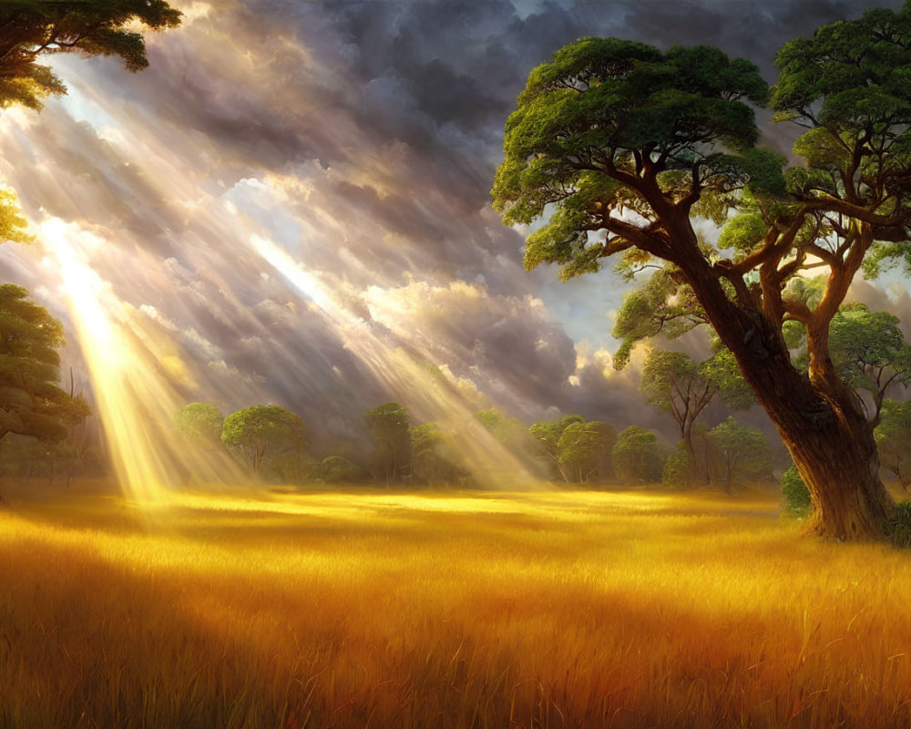 Sun rays illuminate savanna grass and acacia trees.