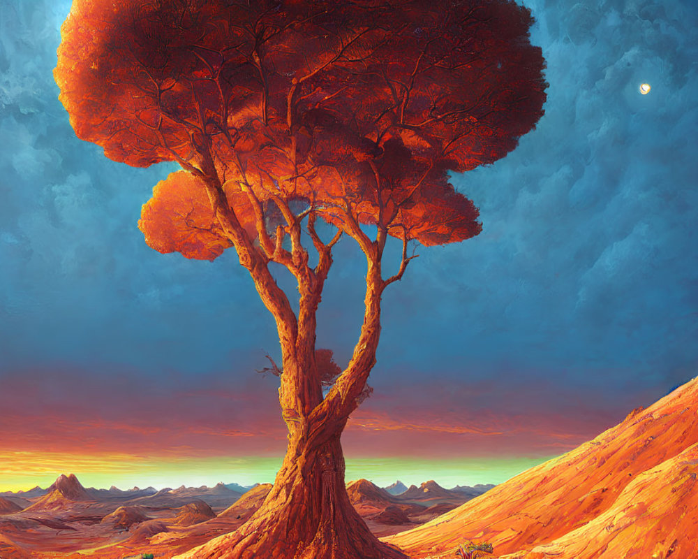 Vibrant orange tree in surreal moonlit landscape