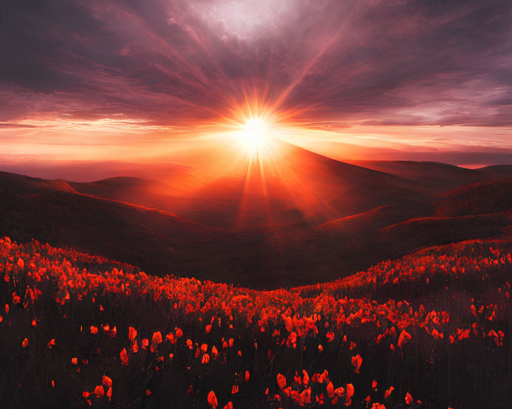 Colorful sunset over rolling poppy field.