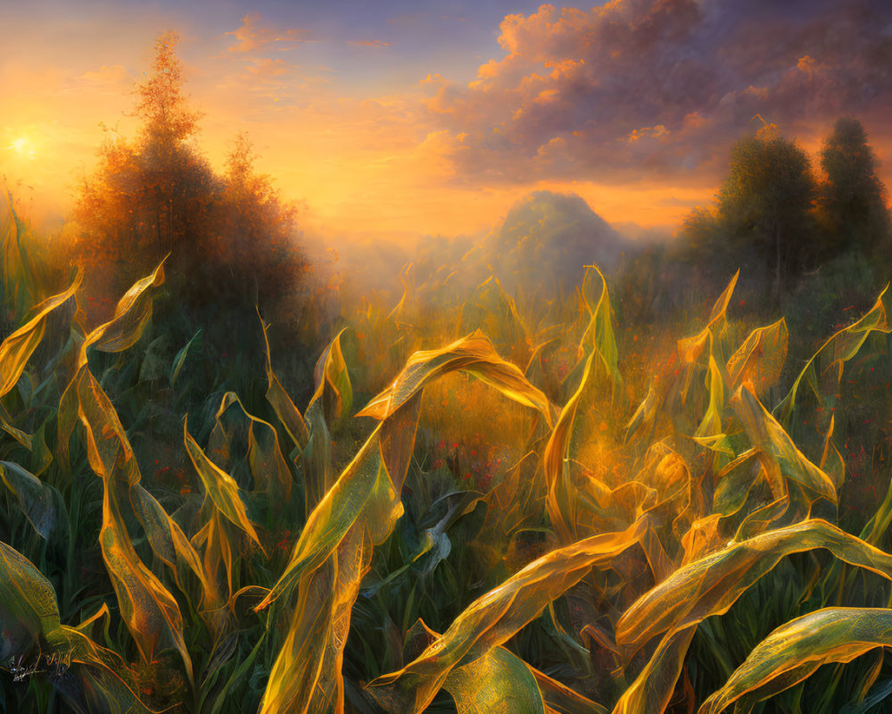 Scenic sunrise over golden field with misty trees in warm hues